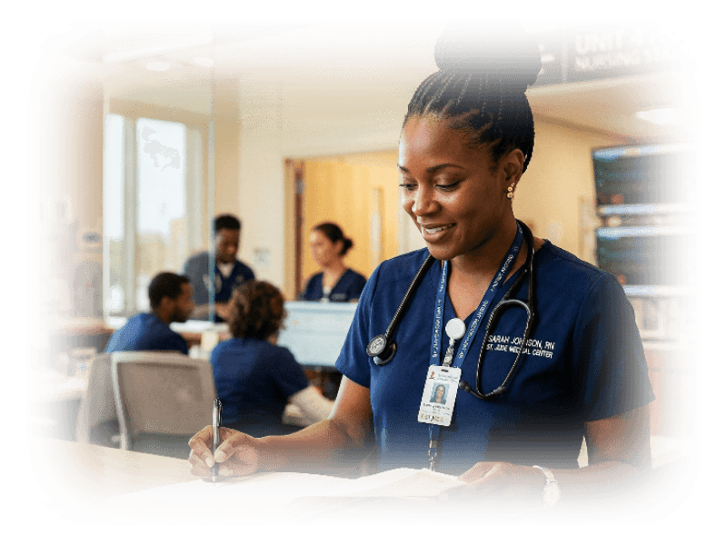Nurse confidently reviewing charts in a well-lit modern healthcare facility